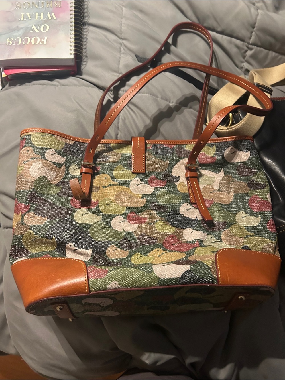 Dooney & Bourke Multi-Color Duck Print Canvas Tote with Tan Leather Trim - Picture 2 of 3